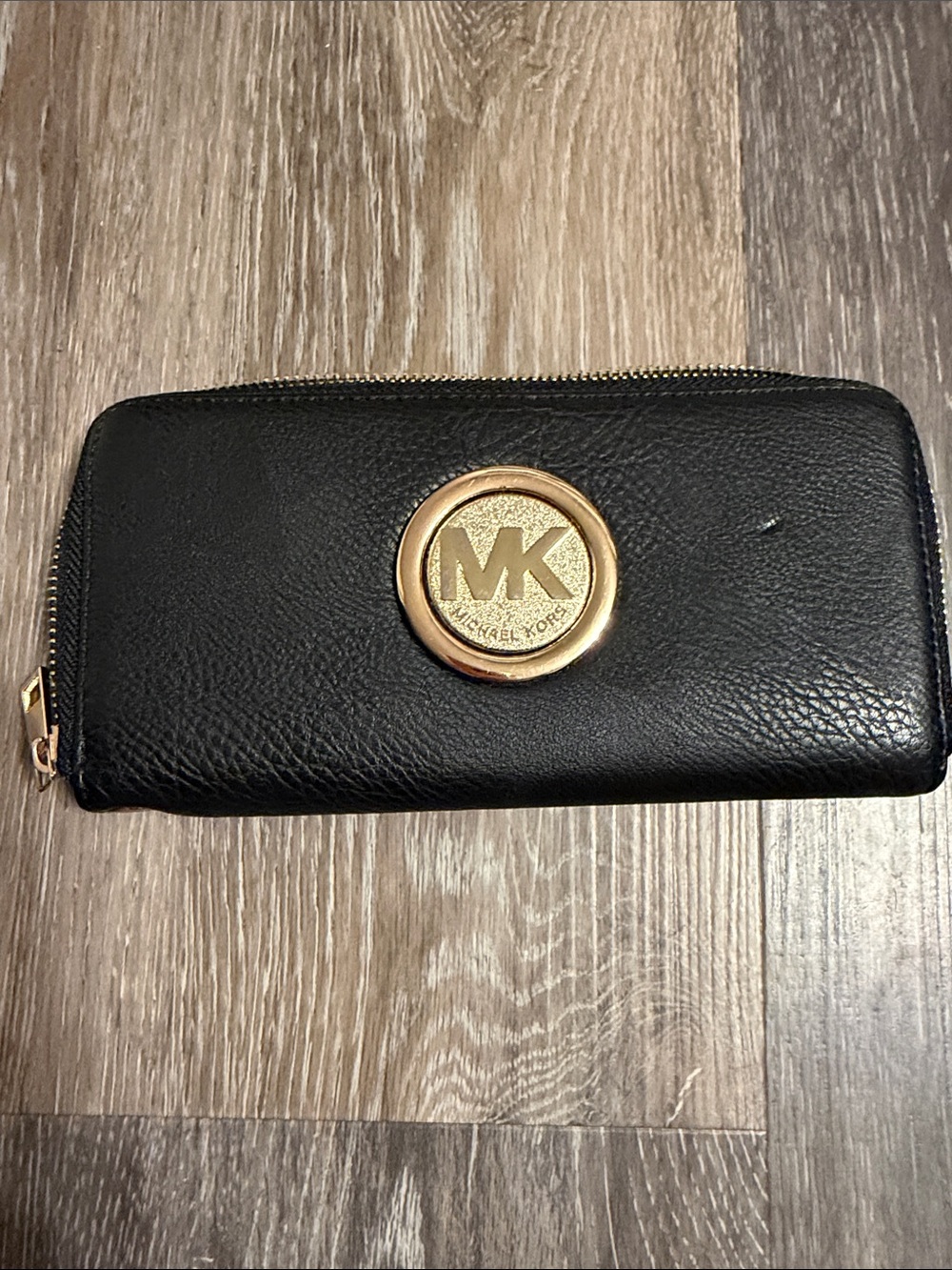 Michael Kors Black Leather Zip Wallet with Gold MK Emblem